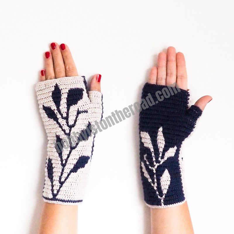 Frosted Leaves Fingerless Gloves crochet pattern mosaic overlay